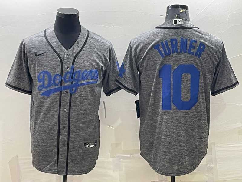 Mens Los Angeles Dodgers #10 Justin Turner Grey Gridiron Cool Base Stitched Baseball Jersey
